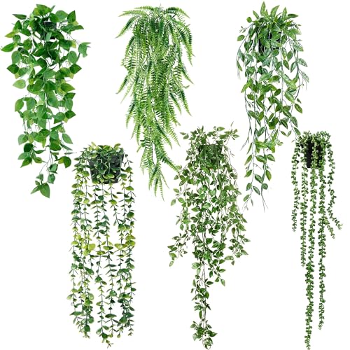Fake Hanging Plants 6 Pack Artificial Hanging Eucalyptus Plants Potted Greenery Faux Mandala Vine String of Pearls Boston Fern Ivy Vine Leaves Pea Pod for Home Indoor Outdoor Shelf Wall Decor (21.5" / 6 Pcs Green)