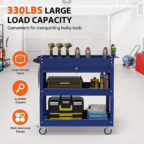 3 Tier Heavy Duty Rolling Tool Cart with Drawers (Deep Blue)
