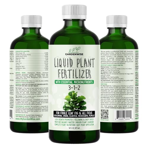 3-1-2 Liquid Fertilizer Concentrate with Micronutrients - Optimal Fiddle Leaf Fig Plant Food, Ideal for Ficus Lyrata & Fig Trees, Gold Leaf Enhanced Indoor Plant Fertilizer (32 OZ) (32 Fl Oz)