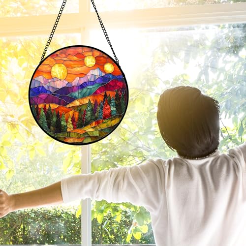 Mountain Sunset Forest Stained Glass Window Hanging Suncatcher Gifts 12"
