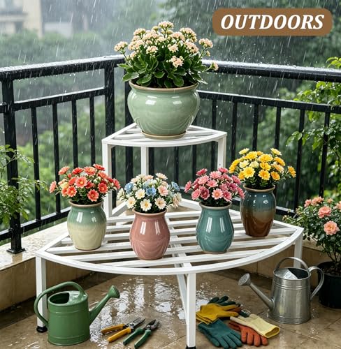 2 Tier Corner Plant Stand Outdoor Metal (Corner-White)