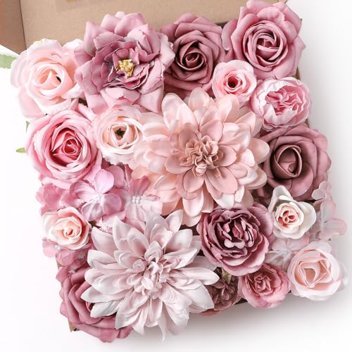 Artificial Flowers Combo Box Set Dusty Pink Silk Floral Arrangements for Wedding Bridal Bouquet (Dusty Pink)
