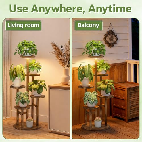 5 Tier Wood Plant Stand Indoor Corner with Grow Light (Pine Brown with Light / 5 Tiers)