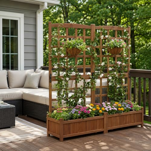 Wooden Raised Garden Bed with Trellis (Brown / 57"Lx13"Wx59"H)