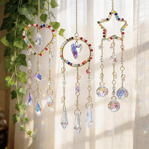 3 Pcs Crystal Suncatcher Rainbow Maker Star Heart Moon Window Decor (Colorful)