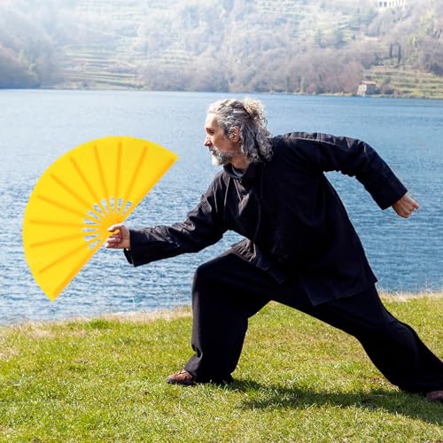 4 Packs Large Folding Hand Fans (Vivid Yellow)