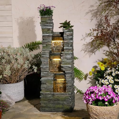 47 in High Water Fountain Outdoor Garden 3 Tier Cascading Large Outdoor Fountains and Waterfalls with LED Lights for Garden (Stone 47 Inch)