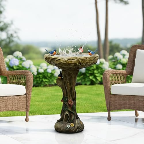 25.5” H Fibre Reinforced Concrete Bird Bath with Birds for Garden (wooden with bird)