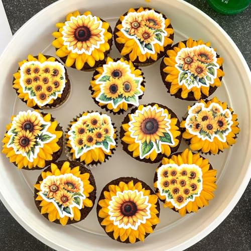 63 PCS Edible Sunflower Cupcake Toppers Wafer Paper Flower Party Cake Toppers Decorations Edible Sunflower Cupcake Picks for Baby Shower Wedding Birthday Party Cake Decorations Supplies (Design 15)