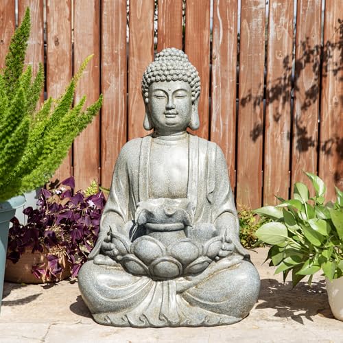 Buddha Outdoor Water Fountain with Lights and Pump (Concrete Buddha W/Lotus Leaf&flower Basins / 28.25"H)