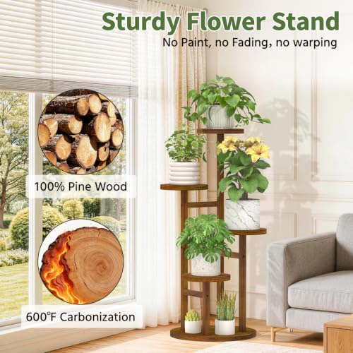 Wood Small Plant Stand Table Indoor Tall with Lights (Warm Brown with Light / 4 Tier)