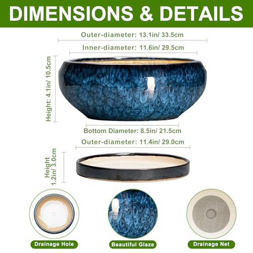 Bonsai Pots 13 Inch Ceramic Succulent Pots for Indoor Outdoor (13 Inch / Blue)