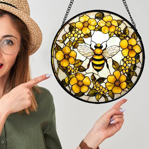 Bee Wreath Stained Glass Window Hanging Suncatcher Gifts for Women 15" (Yellow and White / 15x15 IN)