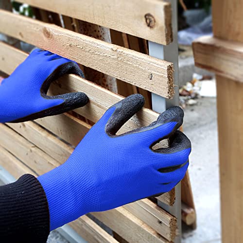 Crinkle Latex Rubber Coated Safety Work Gloves for Men Women (Medium / Blue-12 Pairs)