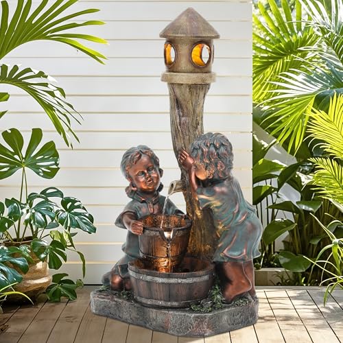AUTODAYA 31" Boy and Girl Outdoor Fountain LED 3 (31"h Bronze)
