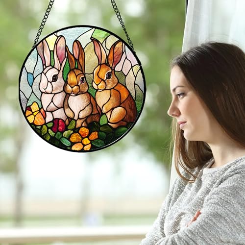 Bunny Rabbit Flowers Stained Glass Window Hanging Suncatcher Gifts 9.8" (Yellow-brown / 9.8x9.8 IN)