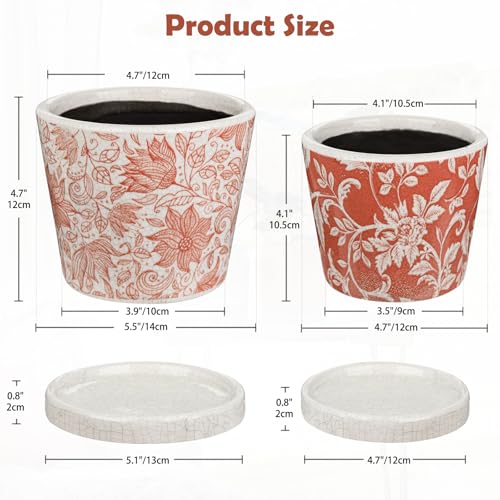 Set of 2 Ceramic Pink Orange Plant Pots with Drainage Hole and Saucers