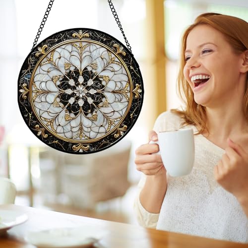 Black and White Mandala Stained Glass Window Hanging Suncatcher Gifts 6.3"