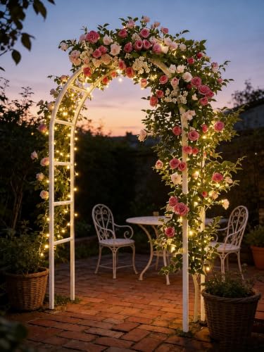 Metal Garden Arch Trellis for Climbing Plants 7.8ft Outdoor Arch Wedding Halloween Christmas Vine Trellis Pumpkin Archway Assemble Freely 2 Sizes White (White)