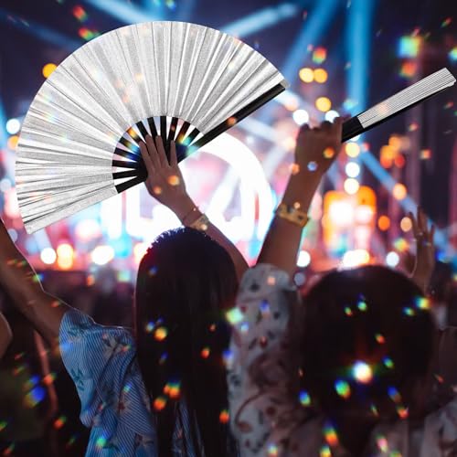 2 Packs Large Folding Hand Fans (Glitter Silver)
