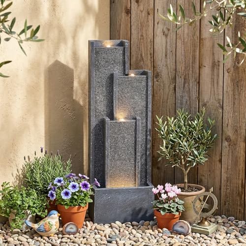 39" Modern Outdoor Water Fountain with LED Lights (Gray / 39 inch)