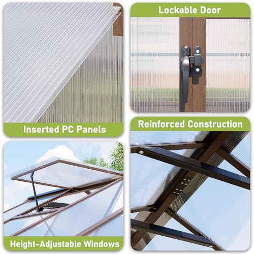 8x16 FT Wooden Walk in Polycarbonate Greenhouse for Outdoors (Brown / 8x16 FT)