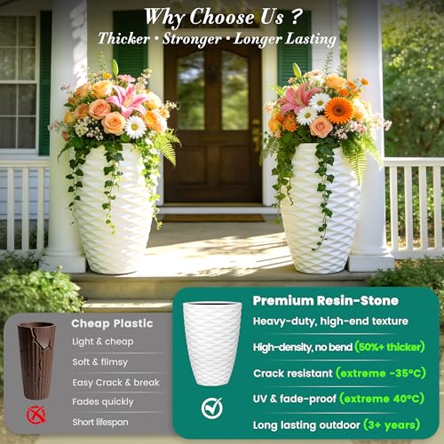 2 Pack 19" White Resin Tall Outdoor Planters with Wave Texture (19"h-white Wavy)