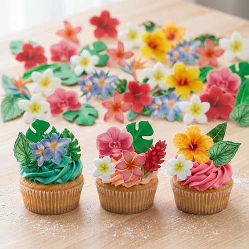 70pcs Edible Flowers Cake Decorations Tropical Hibiscus Flower & Leaf Wafer Paper Cake & Cupcake Toppers for Hawaiian Theme Birthday Party Decorating (Green & Yellow & Red)