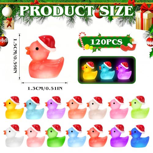 120Pcs Luminous Christmas Mini Resin Duck 14 Colors Glow in The Dark Small Duck Figurines for Miniature Christmas Decor Aquarium Ornament Dollhouse Decoration DIY Slime Craft Kit Birthday Party Favors (120pcs-christmas Ducks)