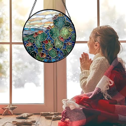 Cactus Stained Glass Window Hanging Suncatcher Gifts for Women 6.3" (6.3x6.3 IN)