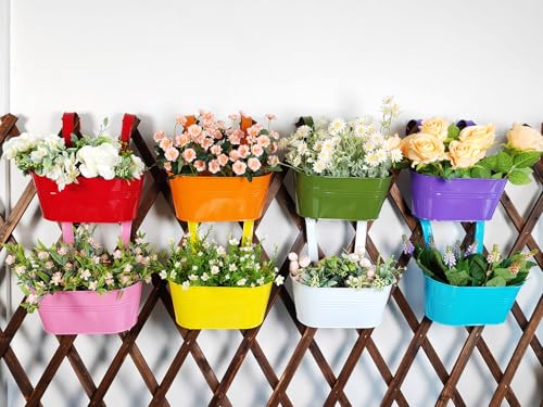 8 Pack 12" Colorful Metal Railing Planters with Hooks for Outdoor Fence (Oval - 11.8 Inch)