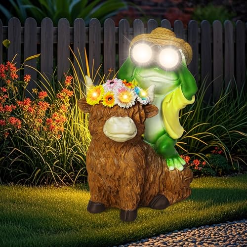 Solar Garden Lights Frog Sitting on Highland Cow Statue Flower Decor (Solar Frog With Highland Cow)