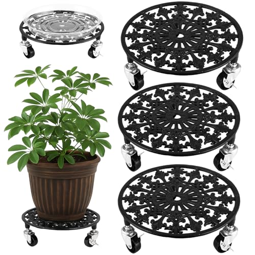 3 Pack Plant Caddy with Wheels 11 Inch Rolling Plant Stand for Large Plants Heavy Duty Plant Rollers Metal Plant Dolly Rustproof Planter Stand Wrought Iron Plant Stands Flower Cart Indoor Outdoor (11 inches)
