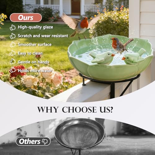 Glazed Ceramic Bird Bath Bowl for Outdoor Ground (Light Green)