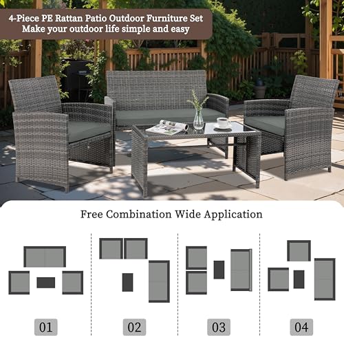 4 Piece Patio Ratten Set Outdoor Furniture Set Wicker Conversation Set with Cushions and Tempered Glass Tabletop (Grey)
