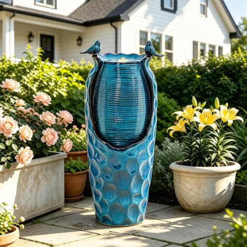 Autodaya 33" Vase Ceramic Outdoor Water Fountain with Lights and Birds (33"h-birds Jar Turquoise Glaze)