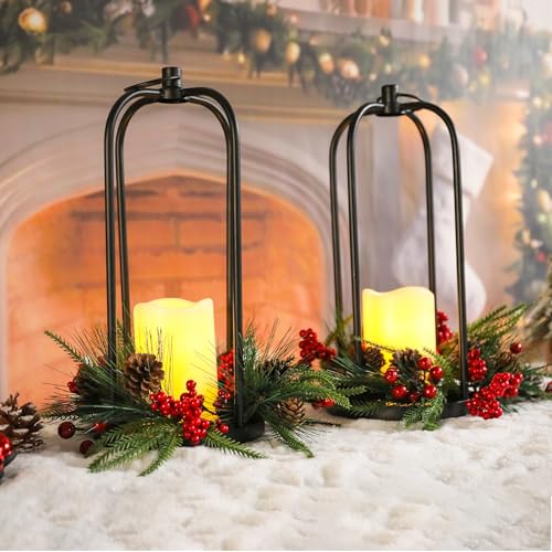 14 Inch Metal Christmas Lanterns Set of 2 with LED Flameless Candles