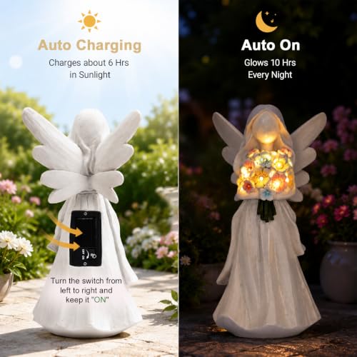 Solar Angel Statue with Bouquet LED Light Garden Decor (White Angel)