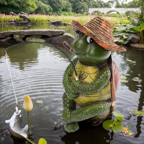9.5" Turtle Fishing Sculptures & Statues (Green Multi)