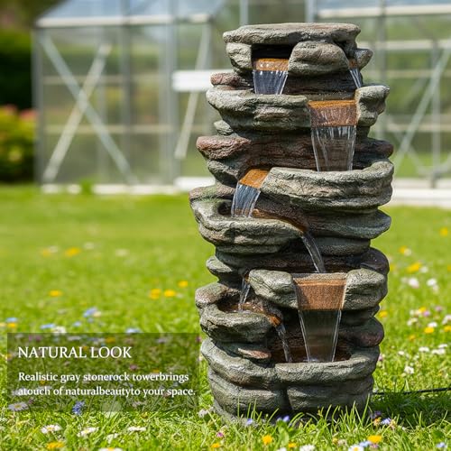 48" High 7 Tiers Cascading Rock Outdoor Water Fountain with LED Lights (48inch / Gray_6)