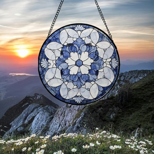 White Abstract Flower Stained Glass Window Hanging Suncatcher Gifts 12"