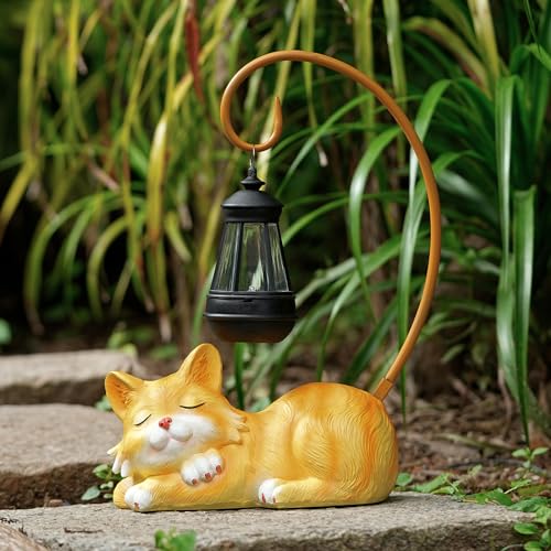 Outdoor Cat Figurine Garden Statue with Solar (Yellow)