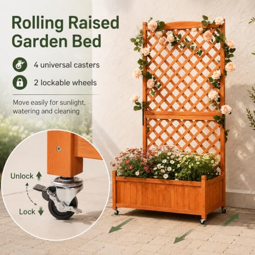 Trellis Raised Garden Bed with Wheels Trellis for Climbing Plants Outdoor (Red Brown / H63 × W36 × D17.5 in)