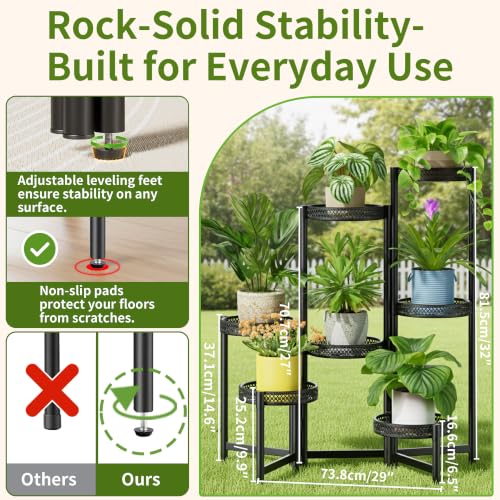 7 Tier Large Metal Plant Stand Indoor Outdoor with 7.9 Inch Wide Tray (BlackWave / 7-tiers)