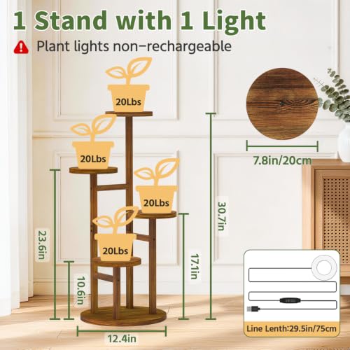 Wood Small Plant Stand Table Indoor Tall with Lights (Warm Brown with Light / 4 Tier)