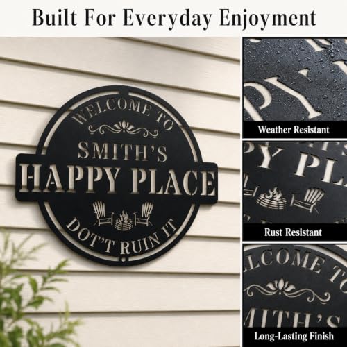 This Is My Happy Place Metal Sign Personalized Patio Wall Decor Funny Welcome Sign for Front Door Porch Living Room Housewarming Gift Black