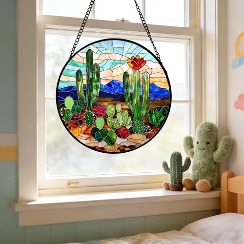 Green Cactus Stained Glass Window Hanging Suncatcher Gifts for Women 12"