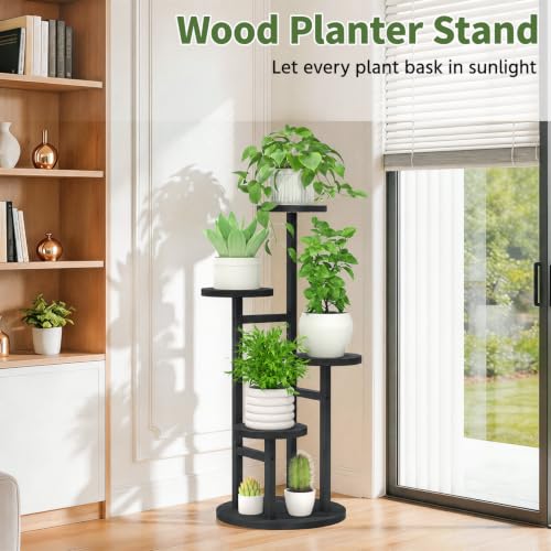 Wood Small Plant Stand Table Tall for Indoor Corner (Matte Black / 4 Tier)