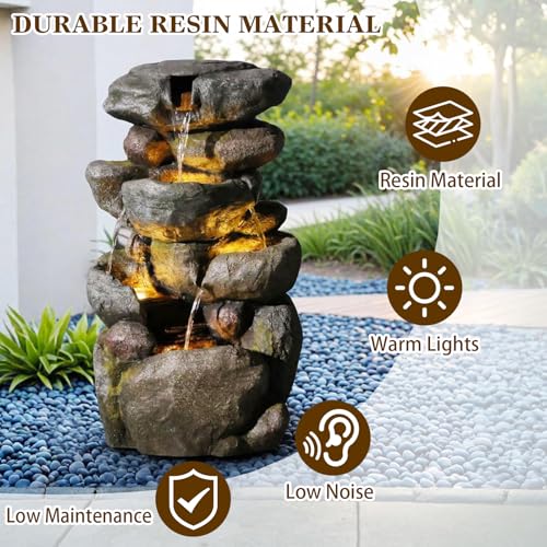 29H Realistic Rock Cascading Outdoor Water Fountain with 4 Tiers (28.6H / Gray-4025)