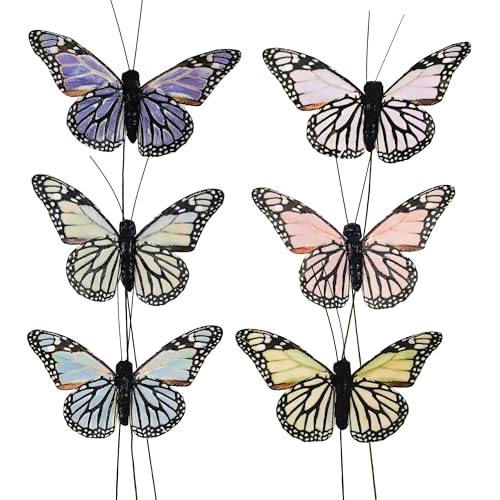 Artificial Feather Butterfly Party Decorations Set of 12 with Wire 6 Color Ornaments for Christmas Tree (G Wire)